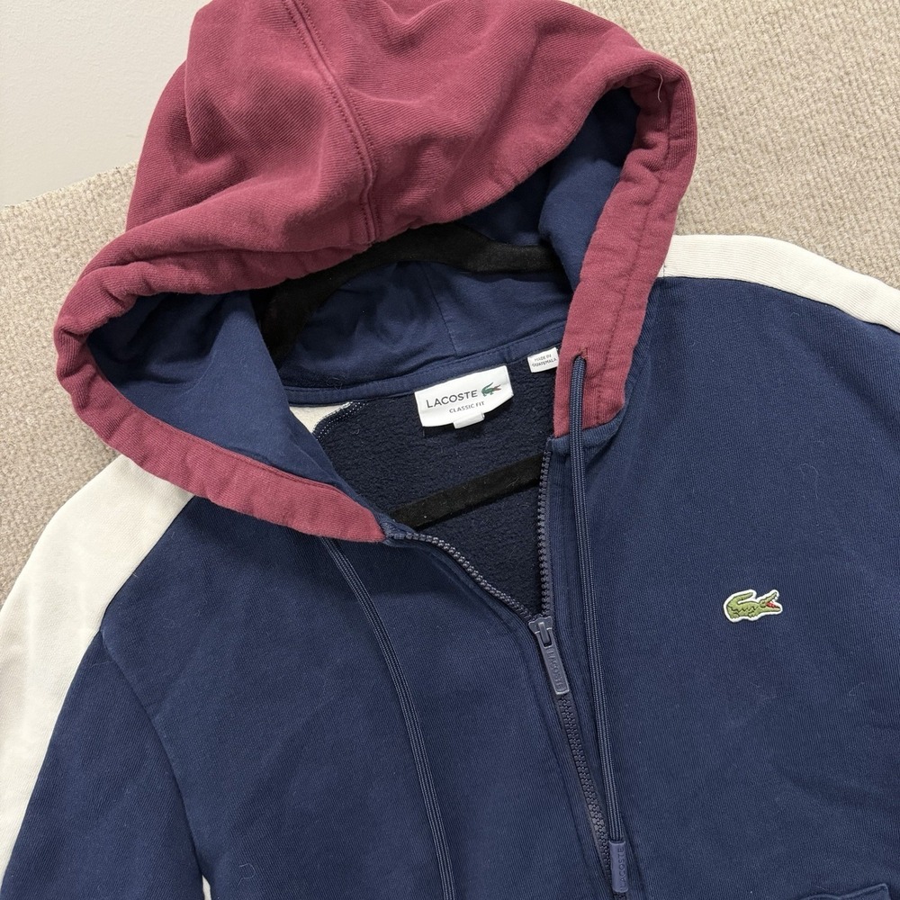 Lacoste Full Zip Hoodie Men's M Blue Burgundy Logo Casual Colorblock